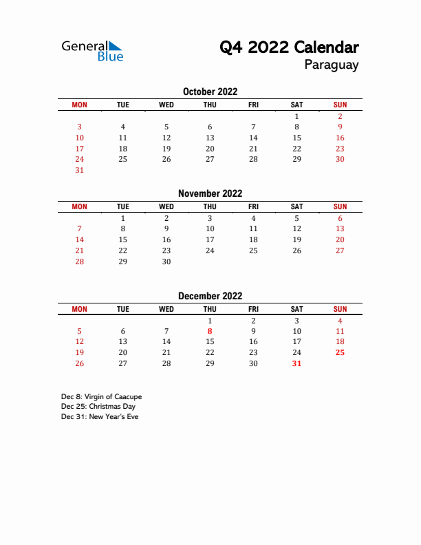 2022 Q4 Calendar with Holidays List for Paraguay