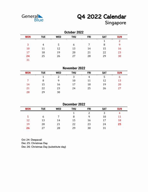 2022 Q4 Calendar with Holidays List for Singapore