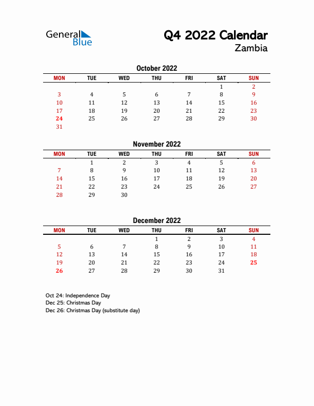 2022 Q4 Calendar with Holidays List for Zambia