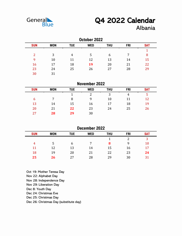 2022 Q4 Calendar with Holidays List for Albania