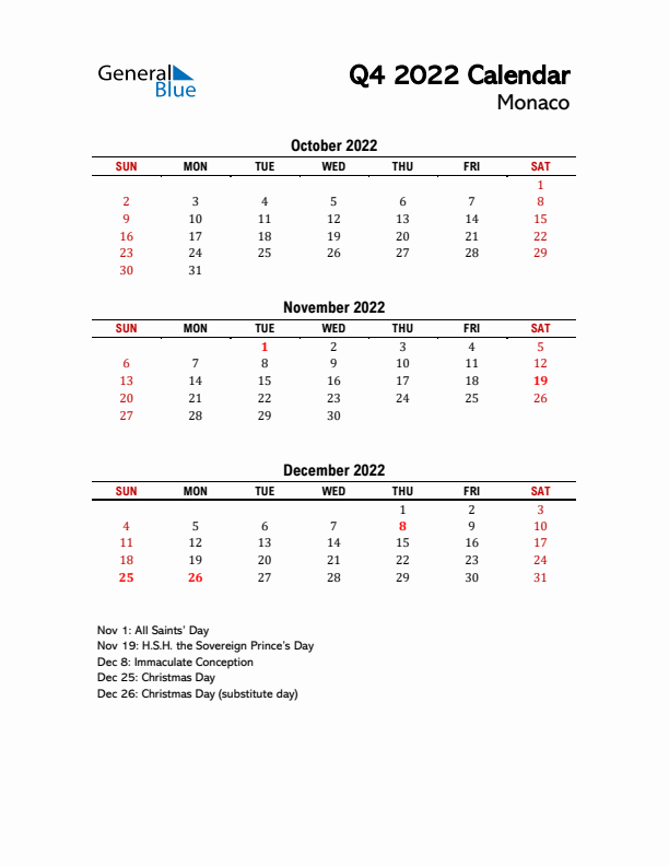2022 Q4 Calendar with Holidays List for Monaco