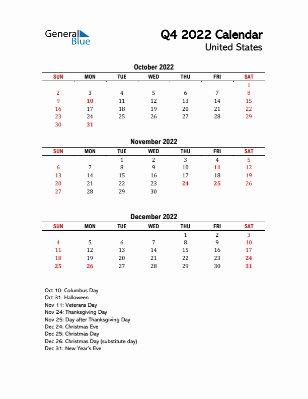 2022 Q4 Calendar with Holidays List for United States