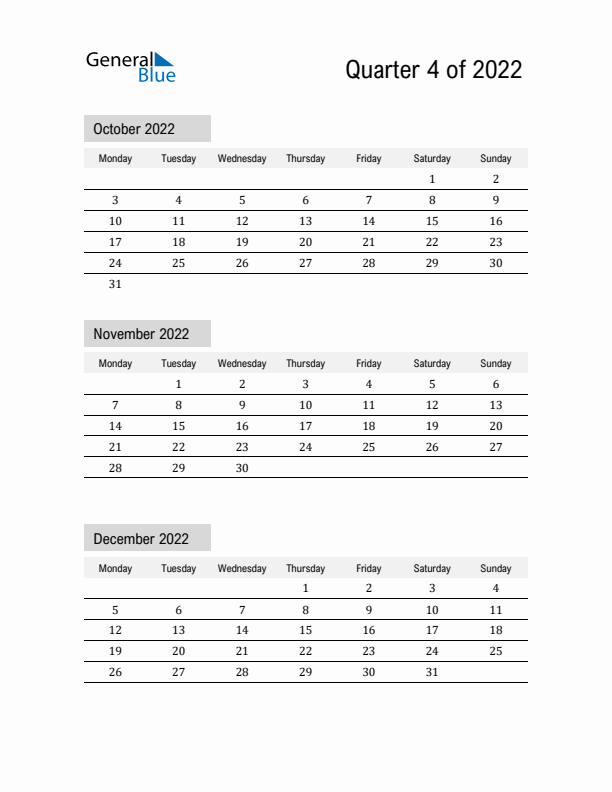 October, November, and December Calendar 2022