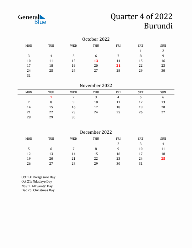 Quarter 4 2022 Burundi Quarterly Calendar
