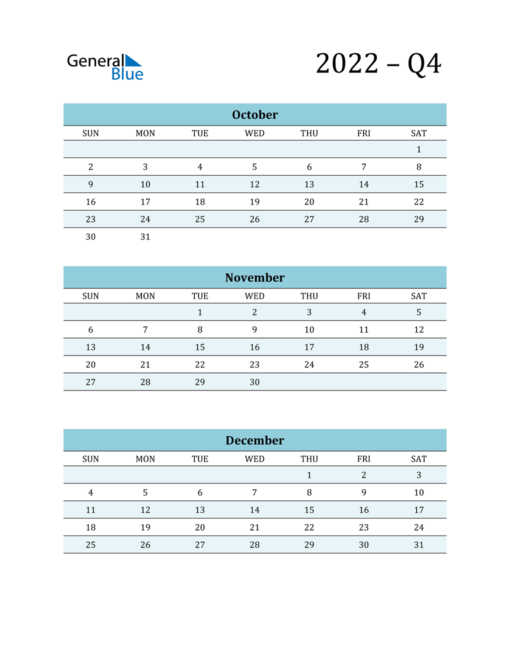  October, November, and December 2022 Calendar