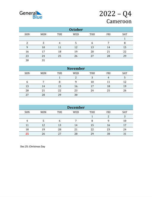  Three-Month Planner for Q4 2022 with Holidays
