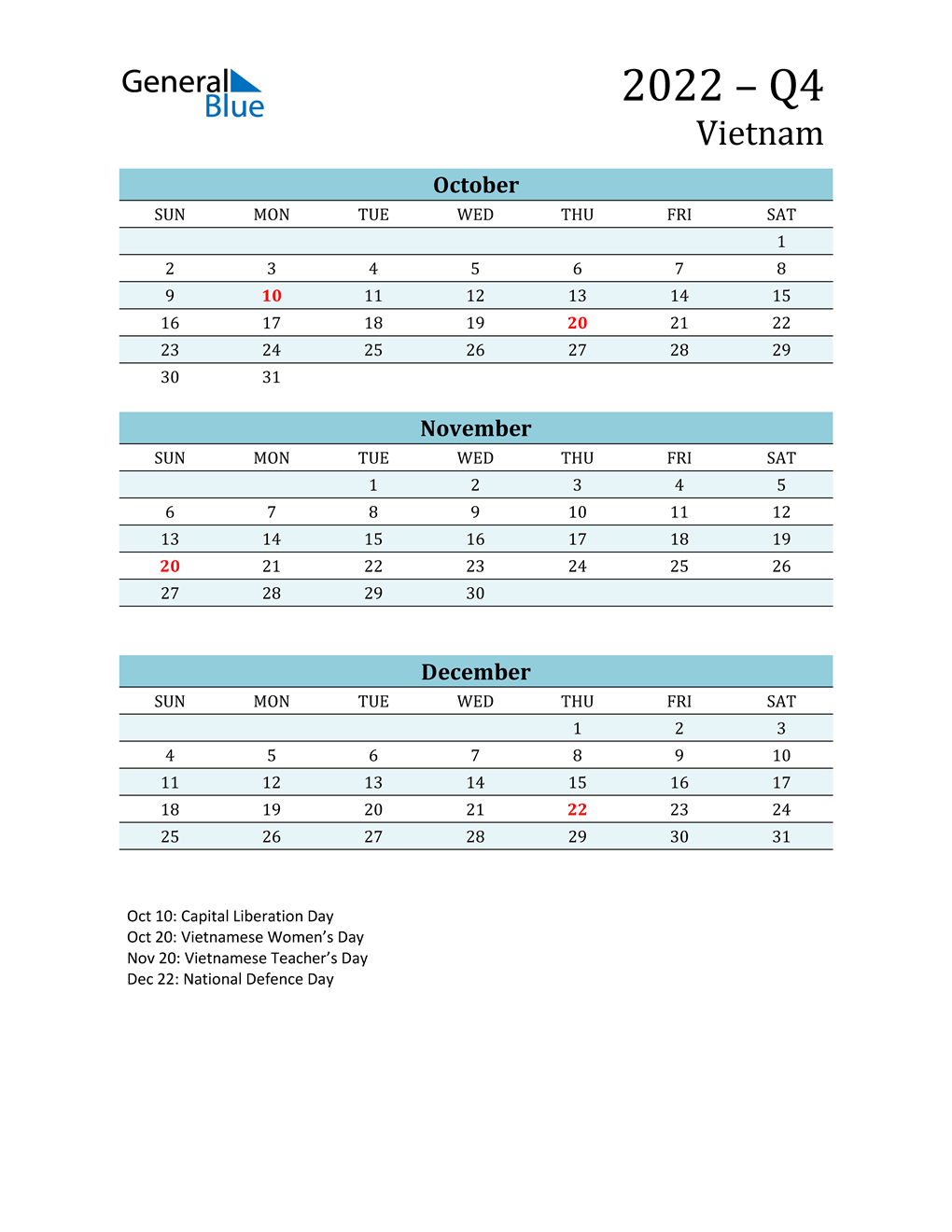  Three-Month Planner for Q4 2022 with Holidays
