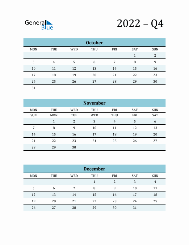 October, November, and December 2022 Calendar
