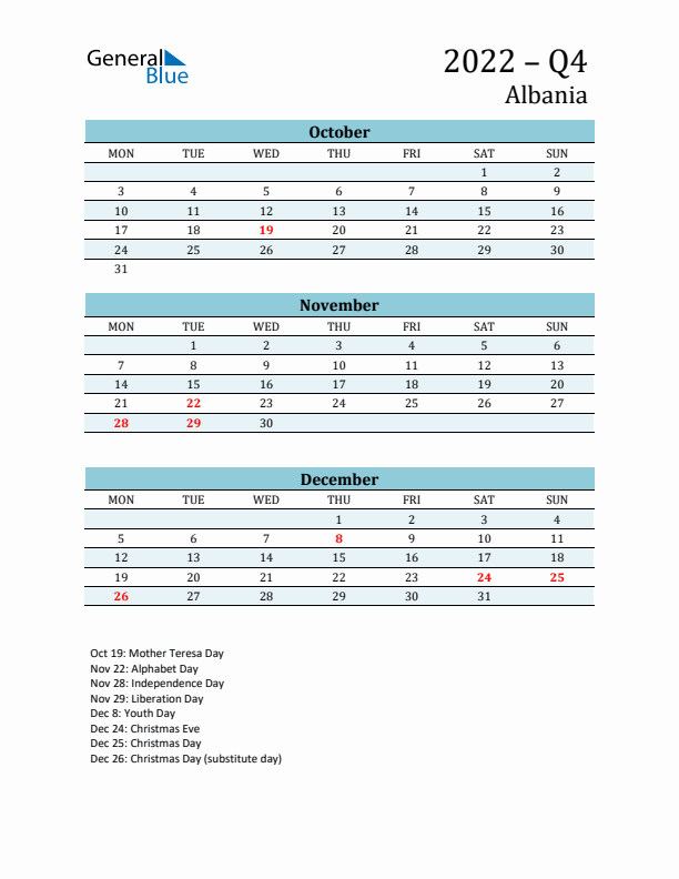 Three-Month Planner for Q4 2022 with Holidays - Albania