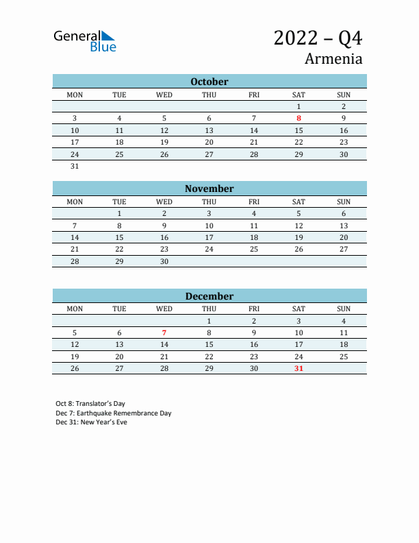 Three-Month Planner for Q4 2022 with Holidays - Armenia