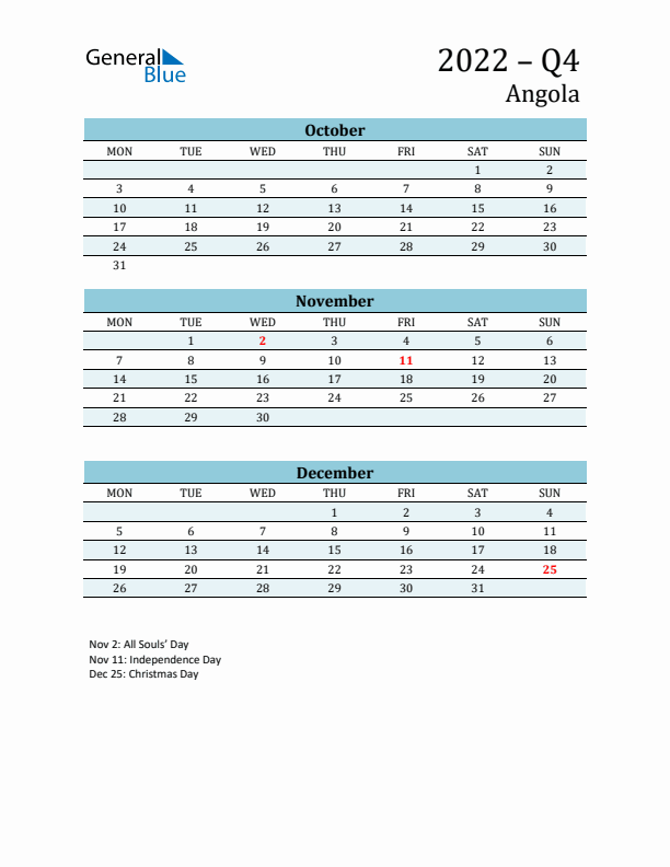 Three-Month Planner for Q4 2022 with Holidays - Angola