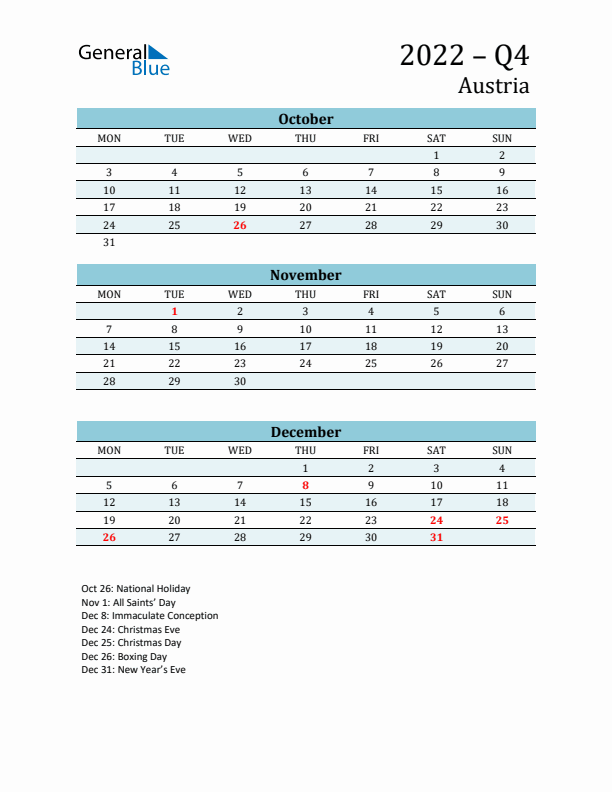 Three-Month Planner for Q4 2022 with Holidays - Austria