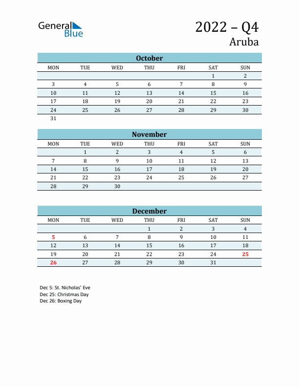 Three-Month Planner for Q4 2022 with Holidays - Aruba