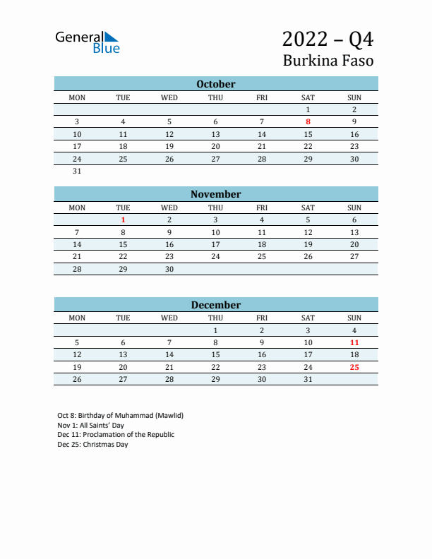 Three-Month Planner for Q4 2022 with Holidays - Burkina Faso