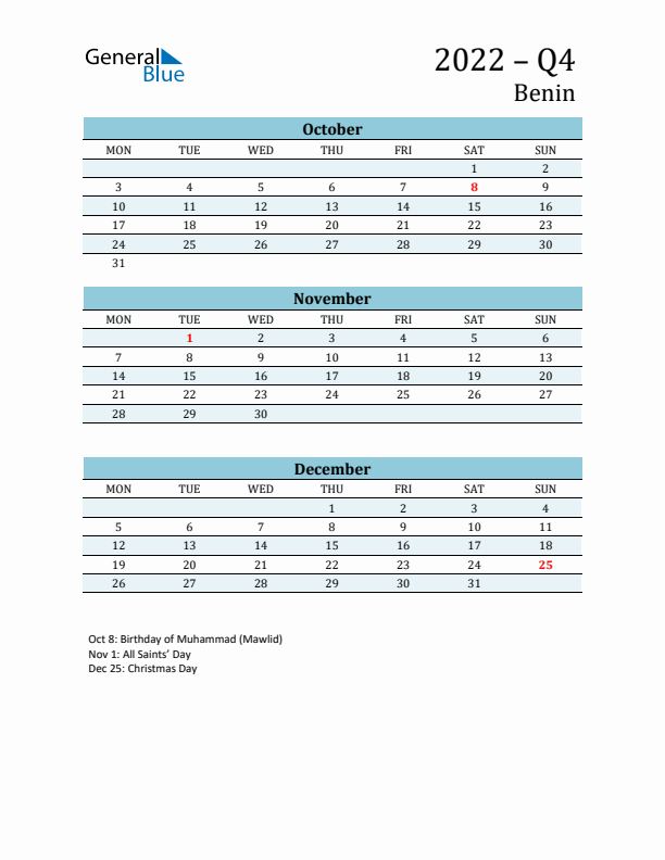 Three-Month Planner for Q4 2022 with Holidays - Benin