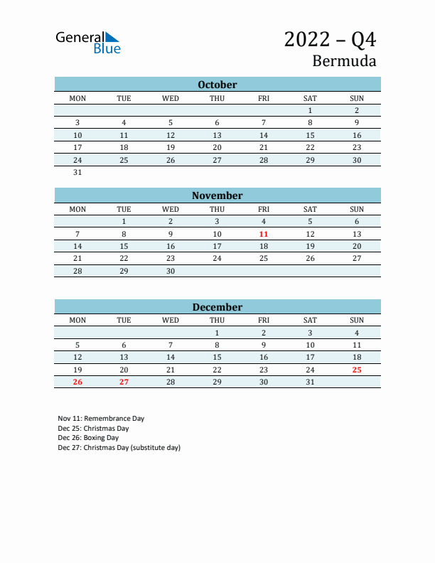 Three-Month Planner for Q4 2022 with Holidays - Bermuda