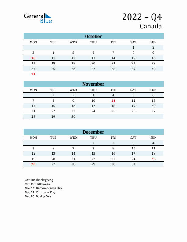 Three-Month Planner for Q4 2022 with Holidays - Canada