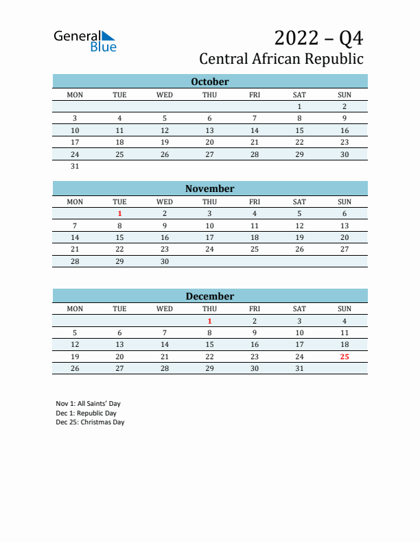 Three-Month Planner for Q4 2022 with Holidays - Central African Republic