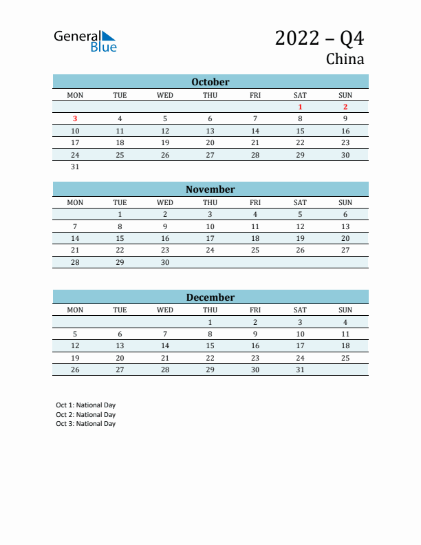 Three-Month Planner for Q4 2022 with Holidays - China