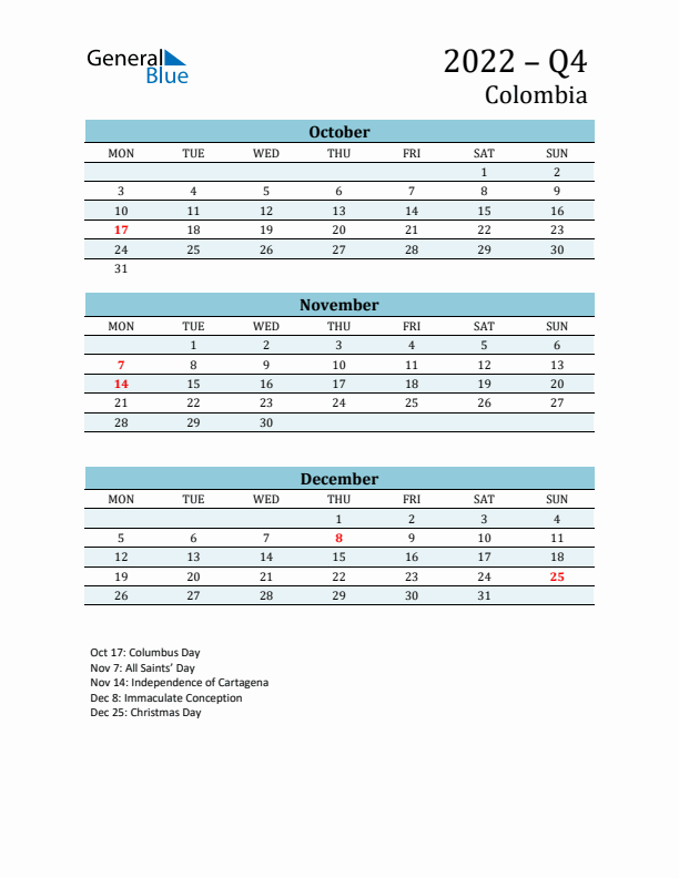 Three-Month Planner for Q4 2022 with Holidays - Colombia