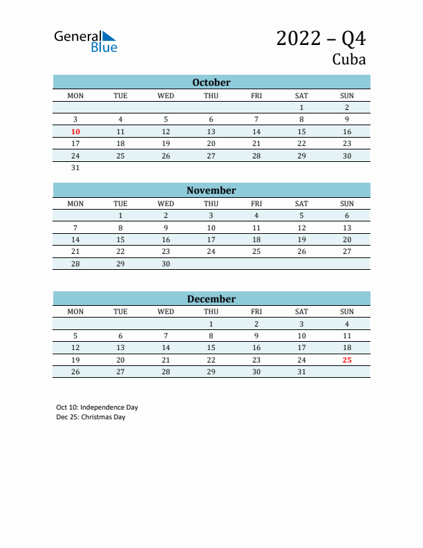 Three-Month Planner for Q4 2022 with Holidays - Cuba
