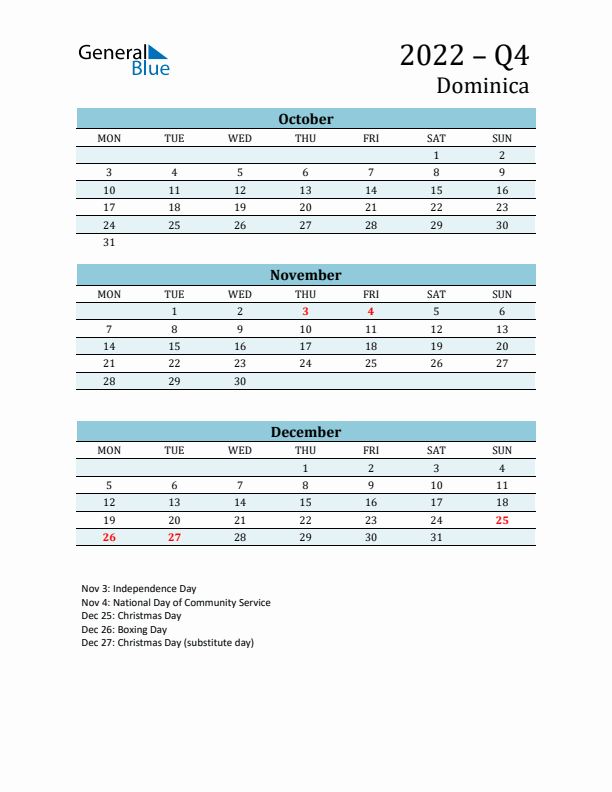 Three-Month Planner for Q4 2022 with Holidays - Dominica