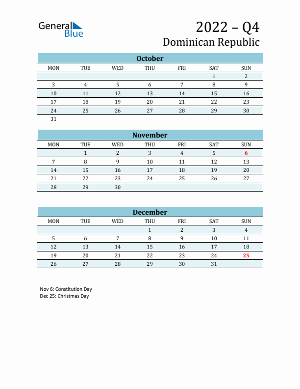 Three-Month Planner for Q4 2022 with Holidays - Dominican Republic