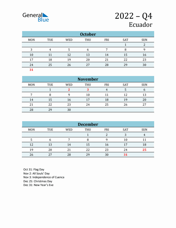 Three-Month Planner for Q4 2022 with Holidays - Ecuador