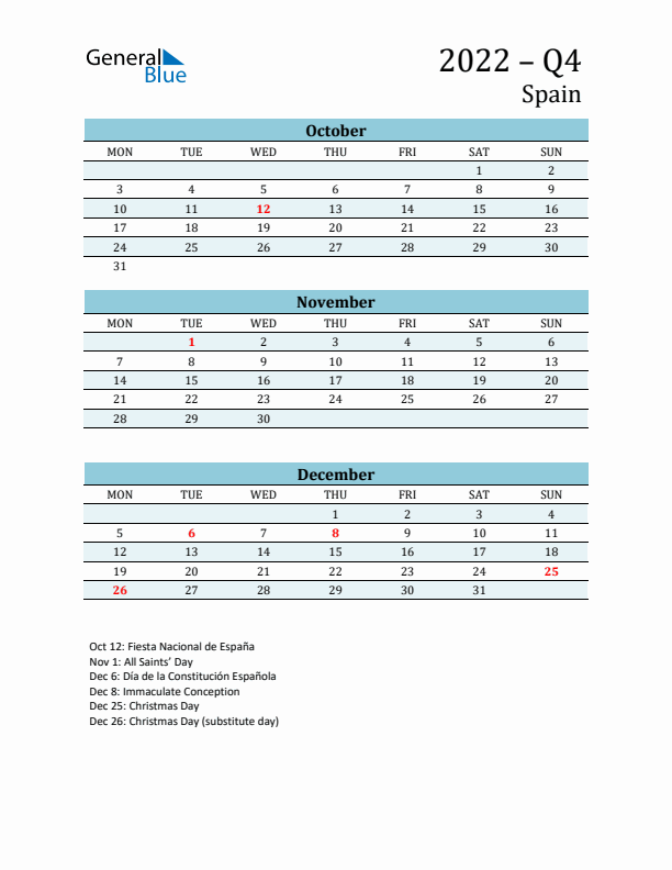Three-Month Planner for Q4 2022 with Holidays - Spain