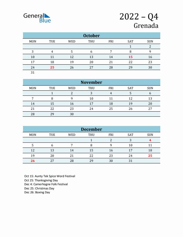Three-Month Planner for Q4 2022 with Holidays - Grenada