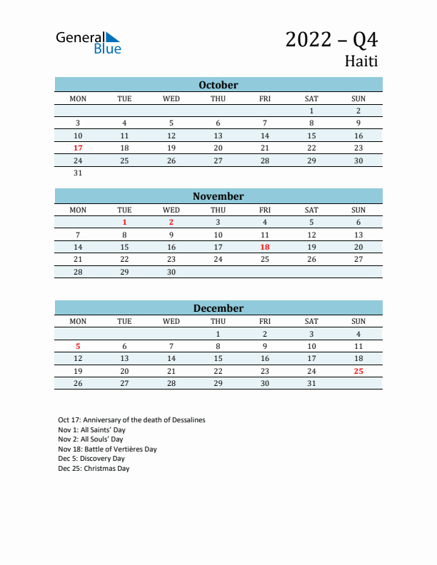 Three-Month Planner for Q4 2022 with Holidays - Haiti