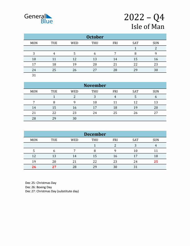 Three-Month Planner for Q4 2022 with Holidays - Isle of Man