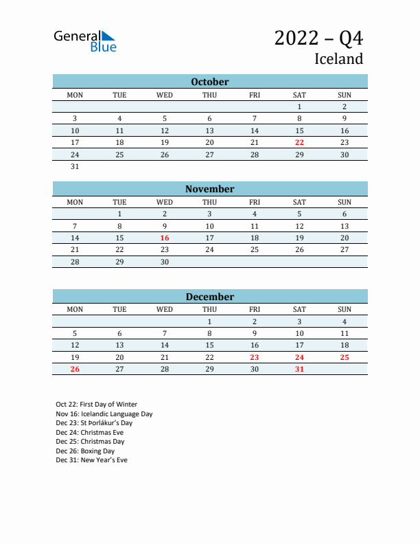 Three-Month Planner for Q4 2022 with Holidays - Iceland