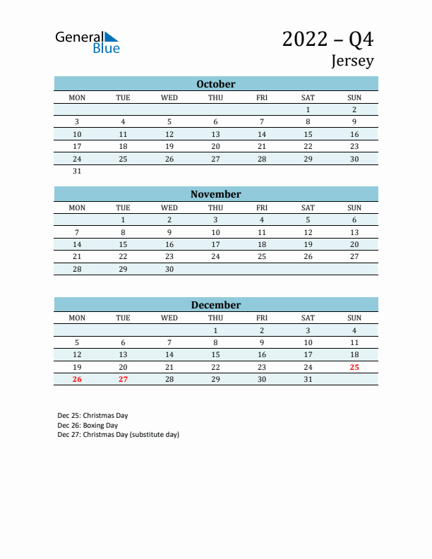 Three-Month Planner for Q4 2022 with Holidays - Jersey