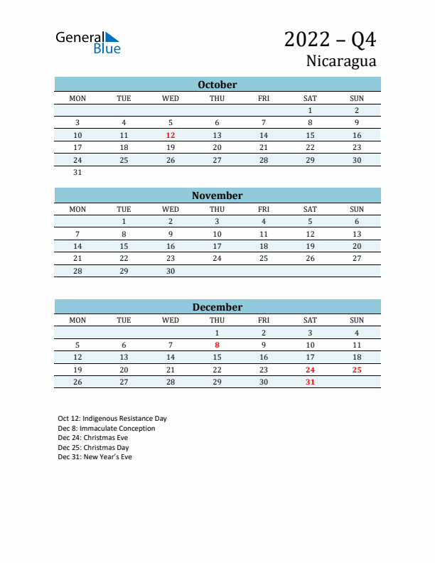 Three-Month Planner for Q4 2022 with Holidays - Nicaragua
