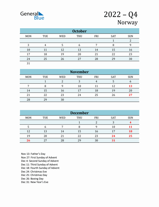 Three-Month Planner for Q4 2022 with Holidays - Norway