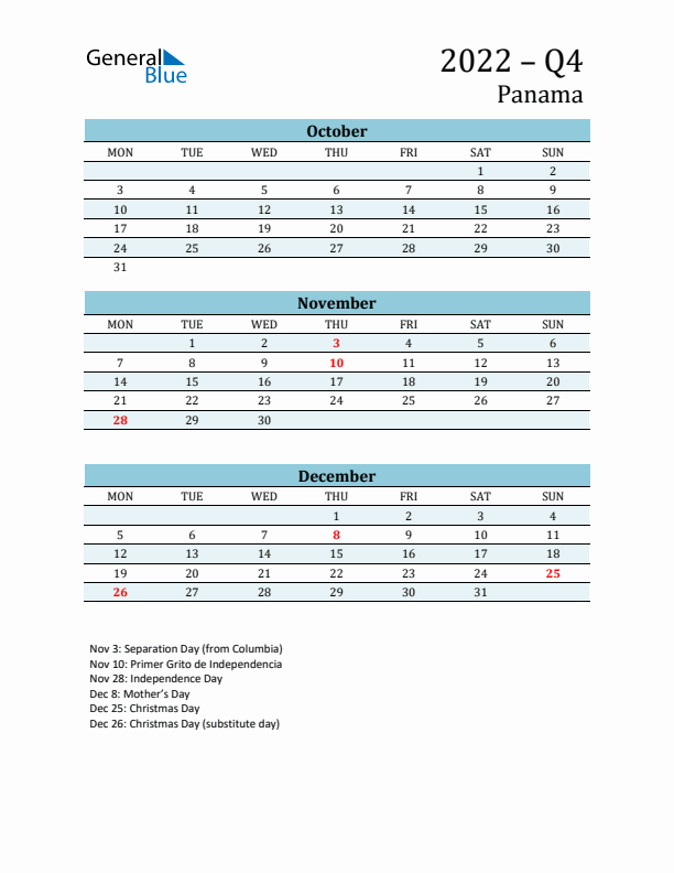 Three-Month Planner for Q4 2022 with Holidays - Panama