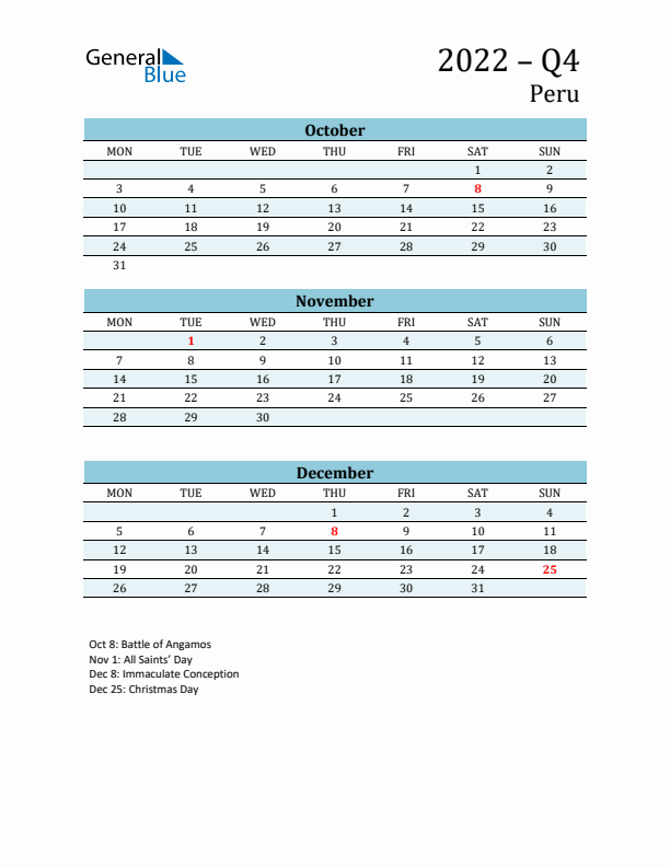 Three-Month Planner for Q4 2022 with Holidays - Peru