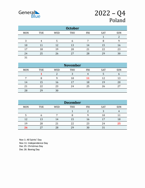 Three-Month Planner for Q4 2022 with Holidays - Poland