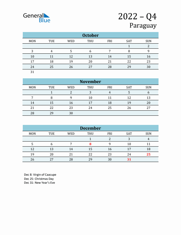 Three-Month Planner for Q4 2022 with Holidays - Paraguay
