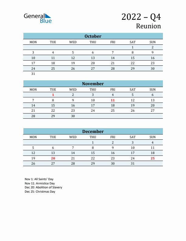 Three-Month Planner for Q4 2022 with Holidays - Reunion