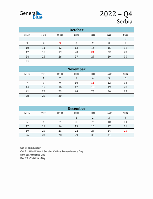 Three-Month Planner for Q4 2022 with Holidays - Serbia