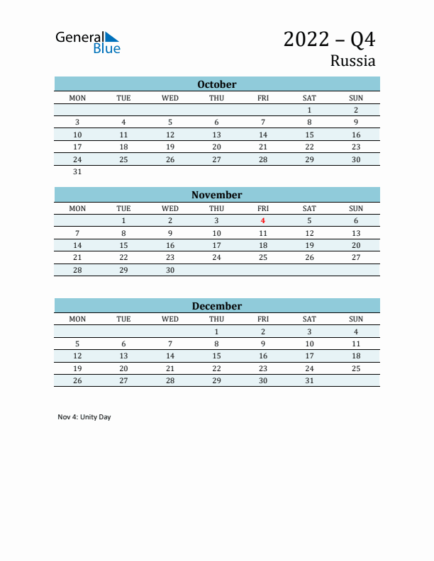 Three-Month Planner for Q4 2022 with Holidays - Russia