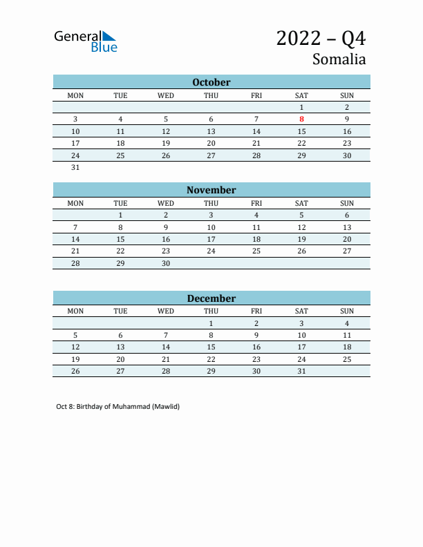 Three-Month Planner for Q4 2022 with Holidays - Somalia