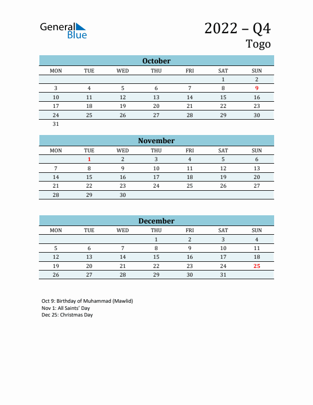 Three-Month Planner for Q4 2022 with Holidays - Togo