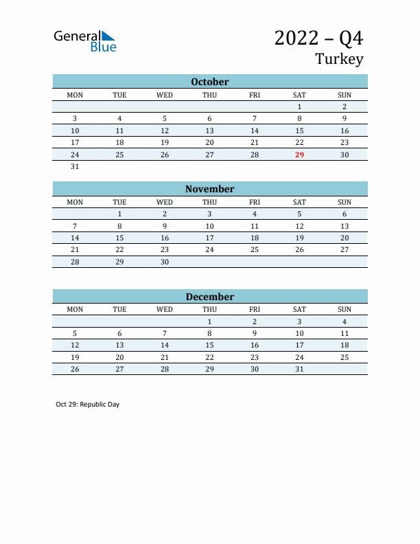 Three-Month Planner for Q4 2022 with Holidays - Turkey