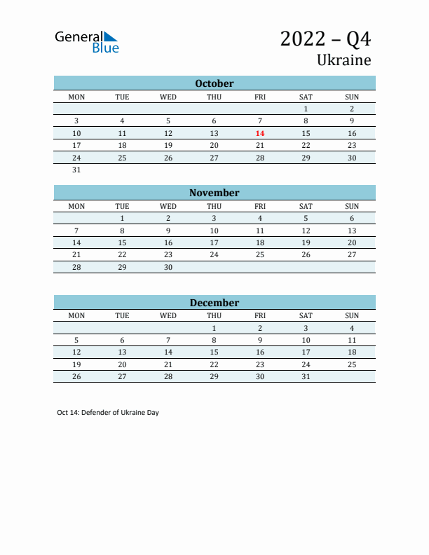 Three-Month Planner for Q4 2022 with Holidays - Ukraine