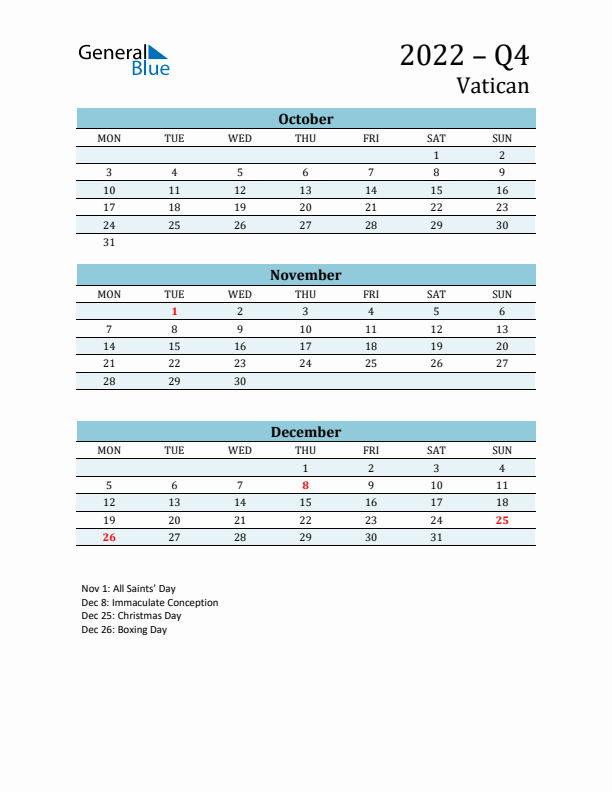 Three-Month Planner for Q4 2022 with Holidays - Vatican