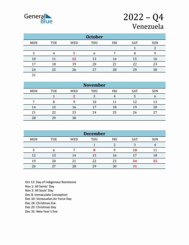 Three-Month Planner for Q4 2022 with Holidays - Venezuela
