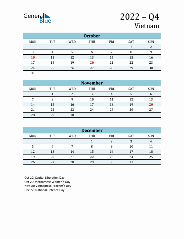 Three-Month Planner for Q4 2022 with Holidays - Vietnam
